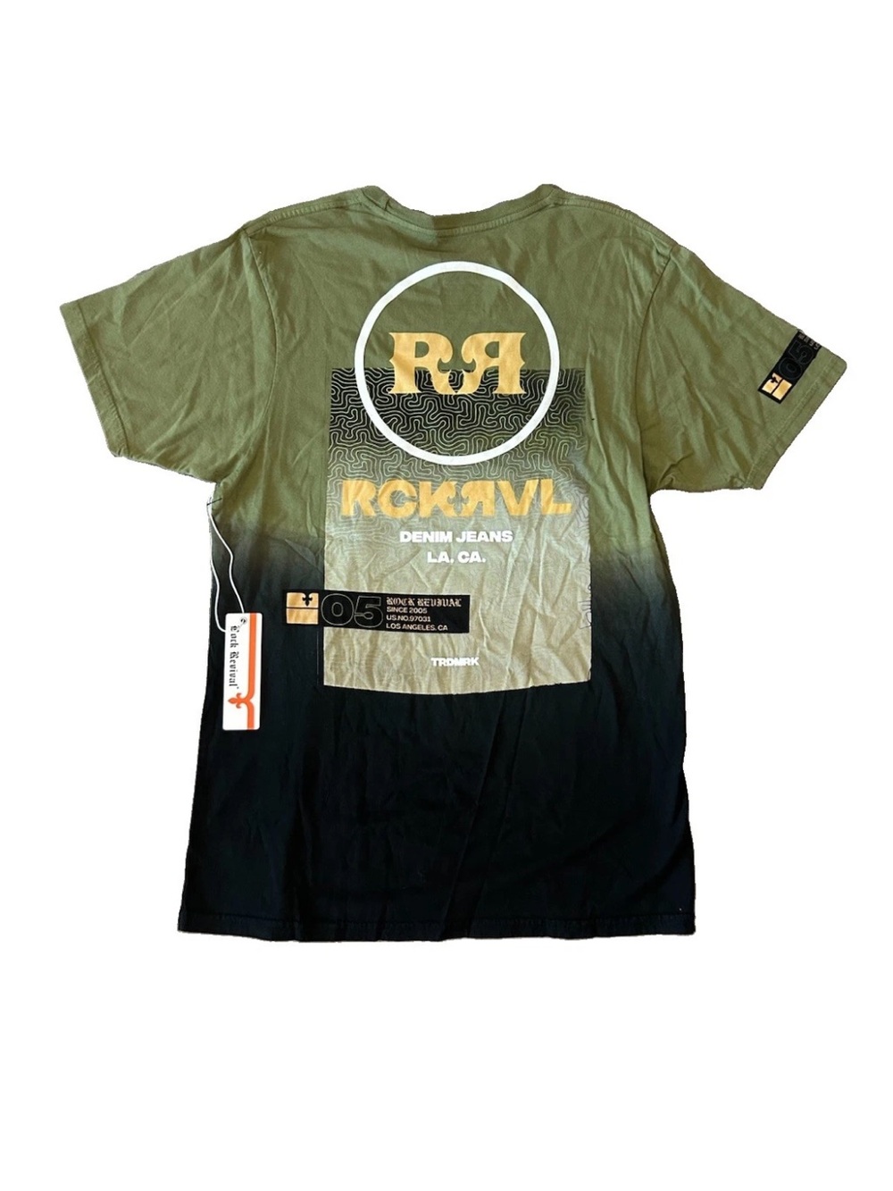 Rock Revival Mens M Olive Black Dip Dye Graphic T Shirt Made USA NWT